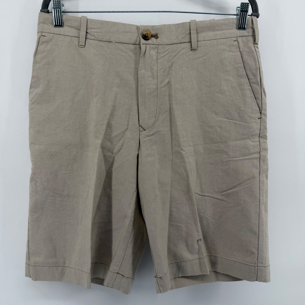 IZOD Shorts Mens 32 Khaki Newport Oxford Flat Front 10.5 Inseam Cotton Chino‎